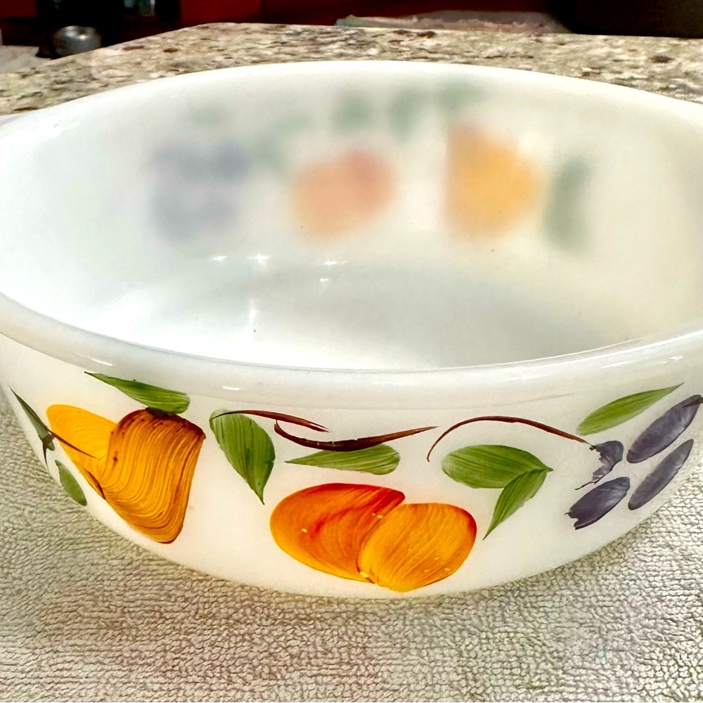 1960’s Fire King Milk Glass Handled Fruit Pattern Casserole Bowl 1.5 qt.